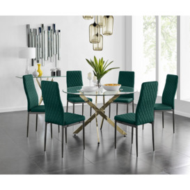 Novara 120cm Gold Round Dining Table and 6 Velvet Milan Black Leg Chairs