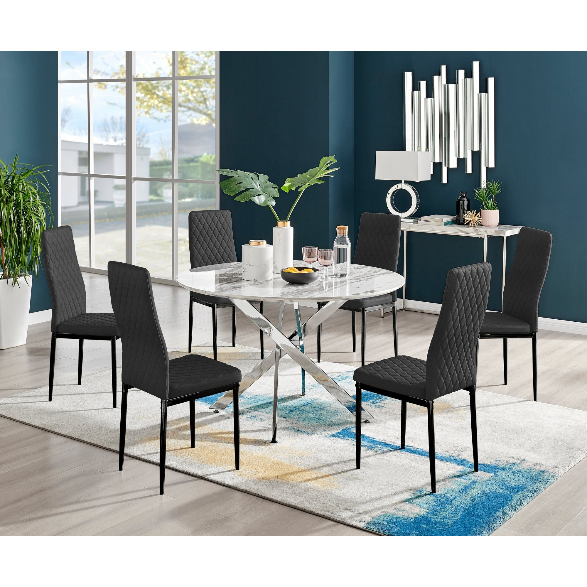 Novara White Marble 120cm Round Dining Table & 6 Velvet Milan Black Leg Chairs