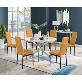Novara White Marble 120cm Round Dining Table & 6 Velvet Milan Black Leg Chairs