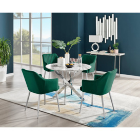 Novara White Marble Round Dining Table & 4 Calla Silver Leg Chairs