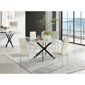 Novara White Marble Black Leg 120cm Round Dining Table & 4 Velvet Milan Chairs