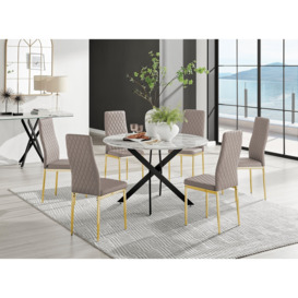 Novara White Marble Black Leg 120cm Round Dining Table & 6 Milan Gold Leg Chairs