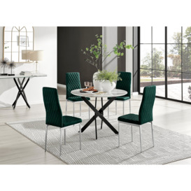 Novara White Marble Black Leg Round Dining Table & 4 Velvet Milan Chairs
