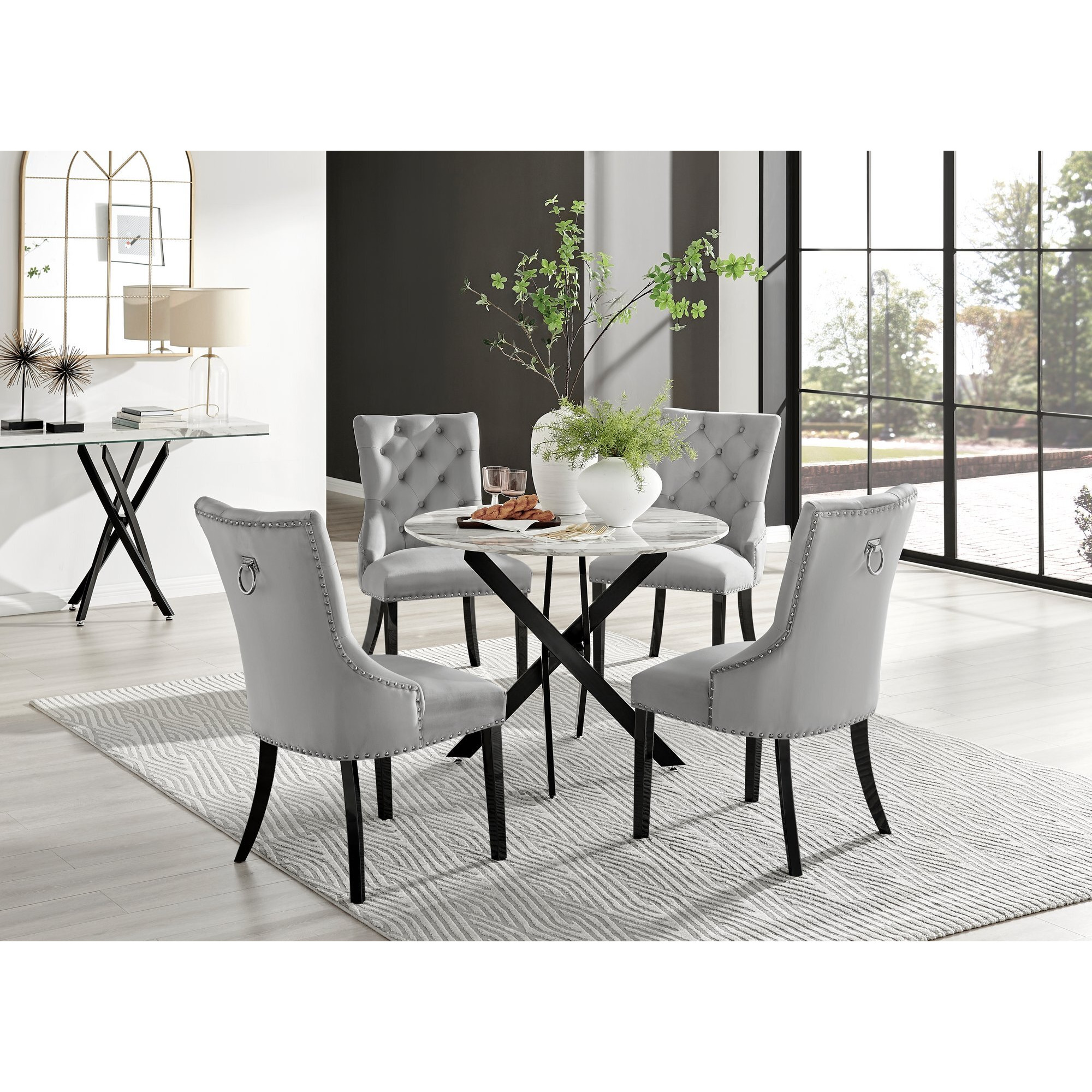 Novara White Marble Black Leg Round Dining Table & 4 Belgravia Black Leg Chairs