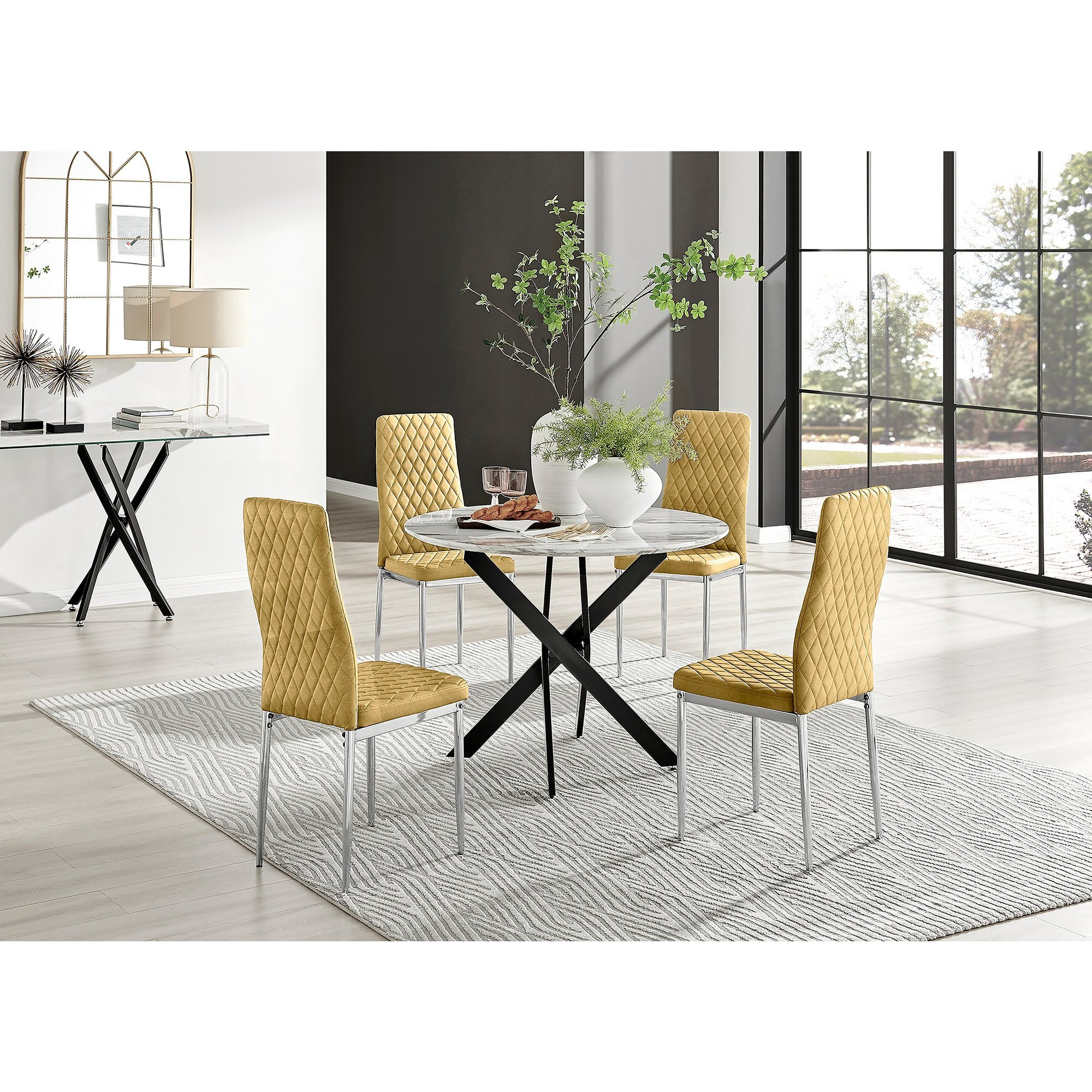 Novara White Marble Black Leg Round Dining Table & 4 Velvet Milan Chairs