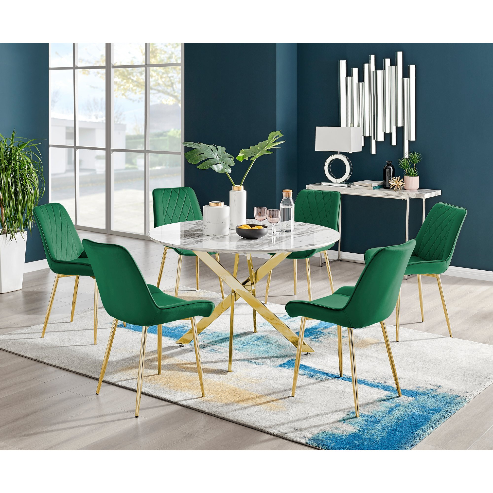 Novara White Marble Gold Leg 120cm Round Dining Table & 6 Pesaro Gold Leg Chairs
