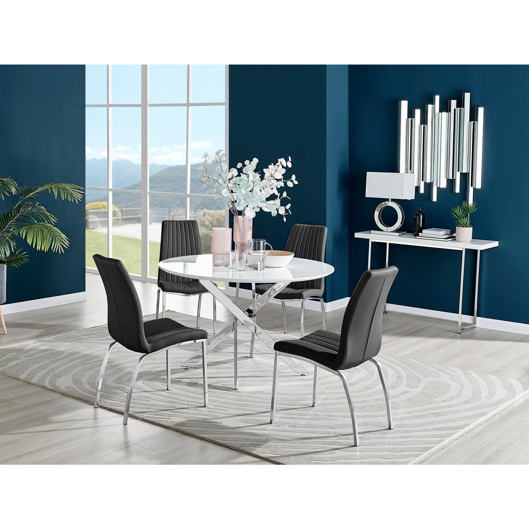 Novara White High Gloss 120cm Round Dining Table & 4 Isco Chairs