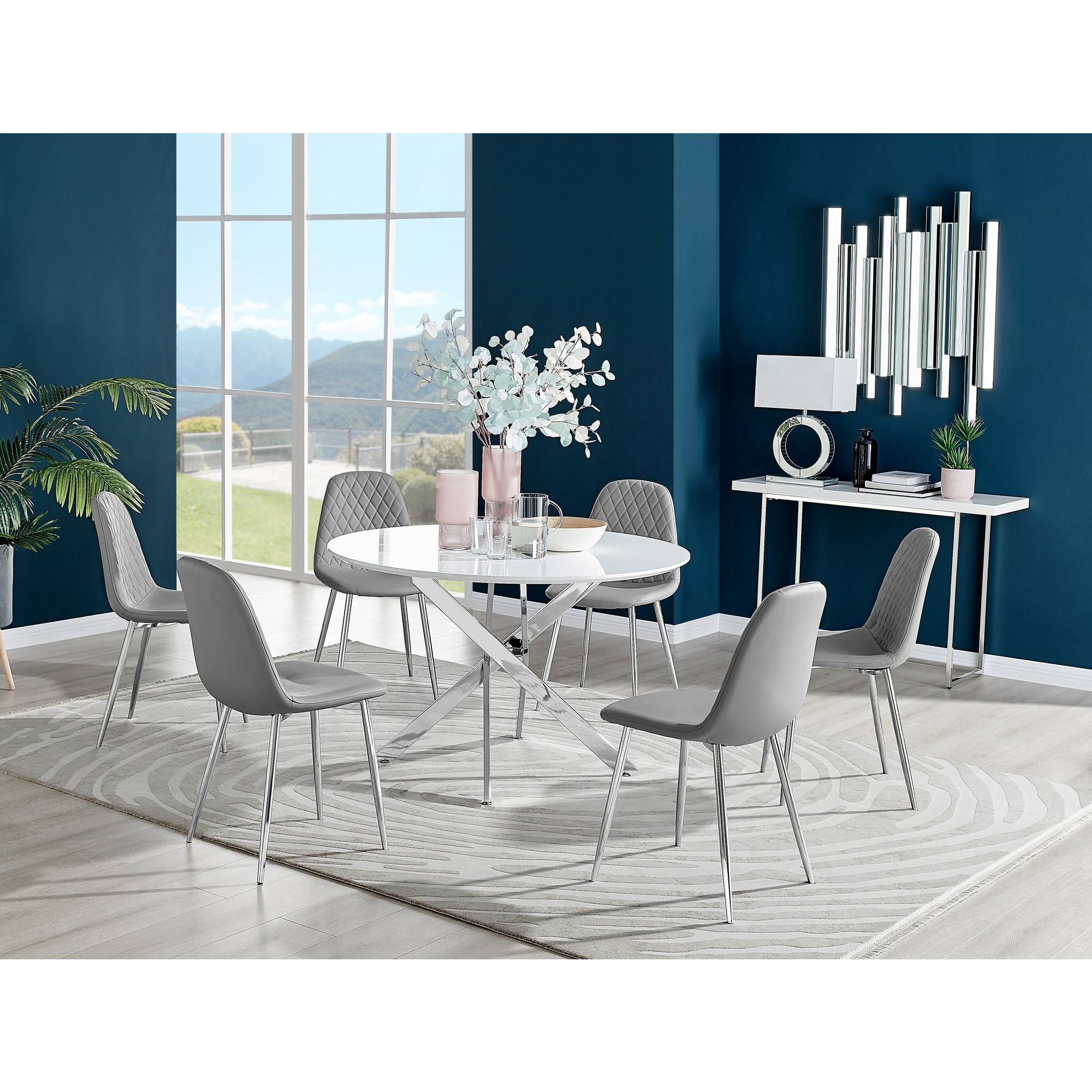 Novara White High Gloss 120cm Round Dining Table & 6 Corona Silver Leg Chairs