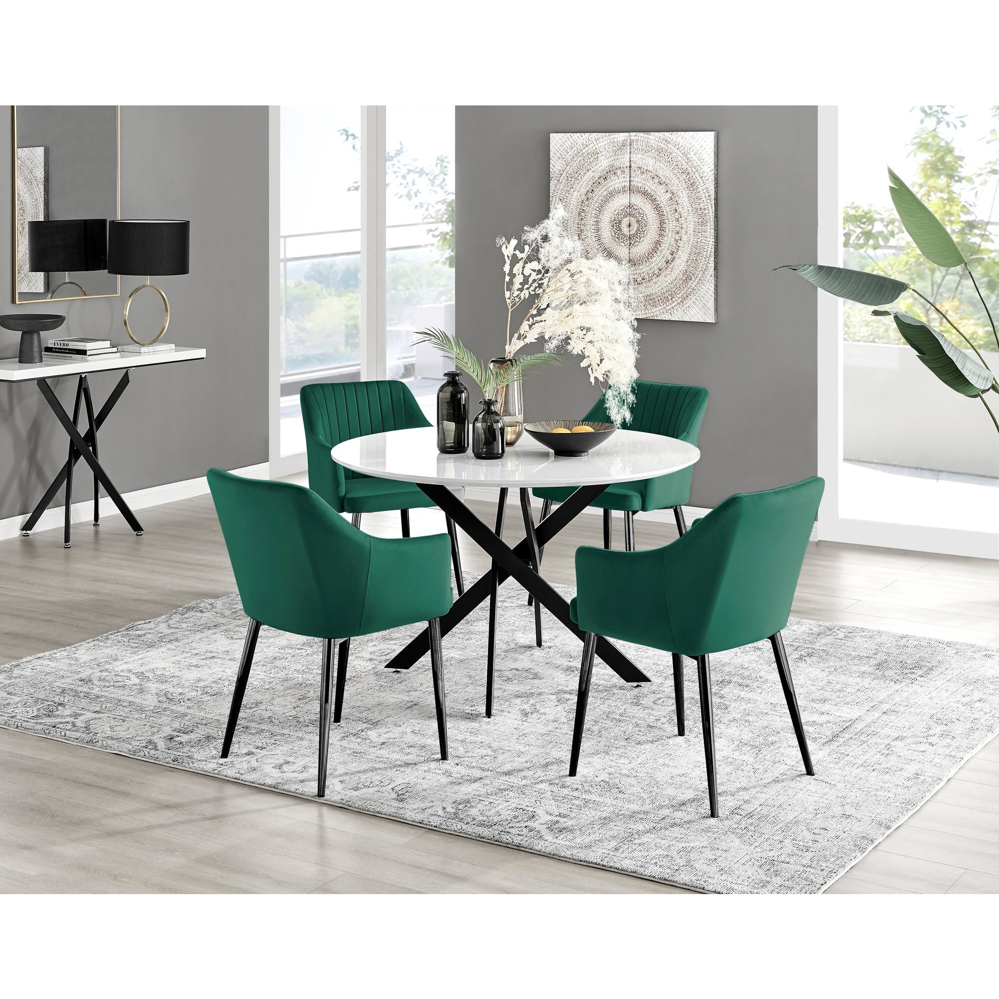 Novara White Gloss Black Leg 120cm Round Dining Table & 4 Calla Black Leg Chairs