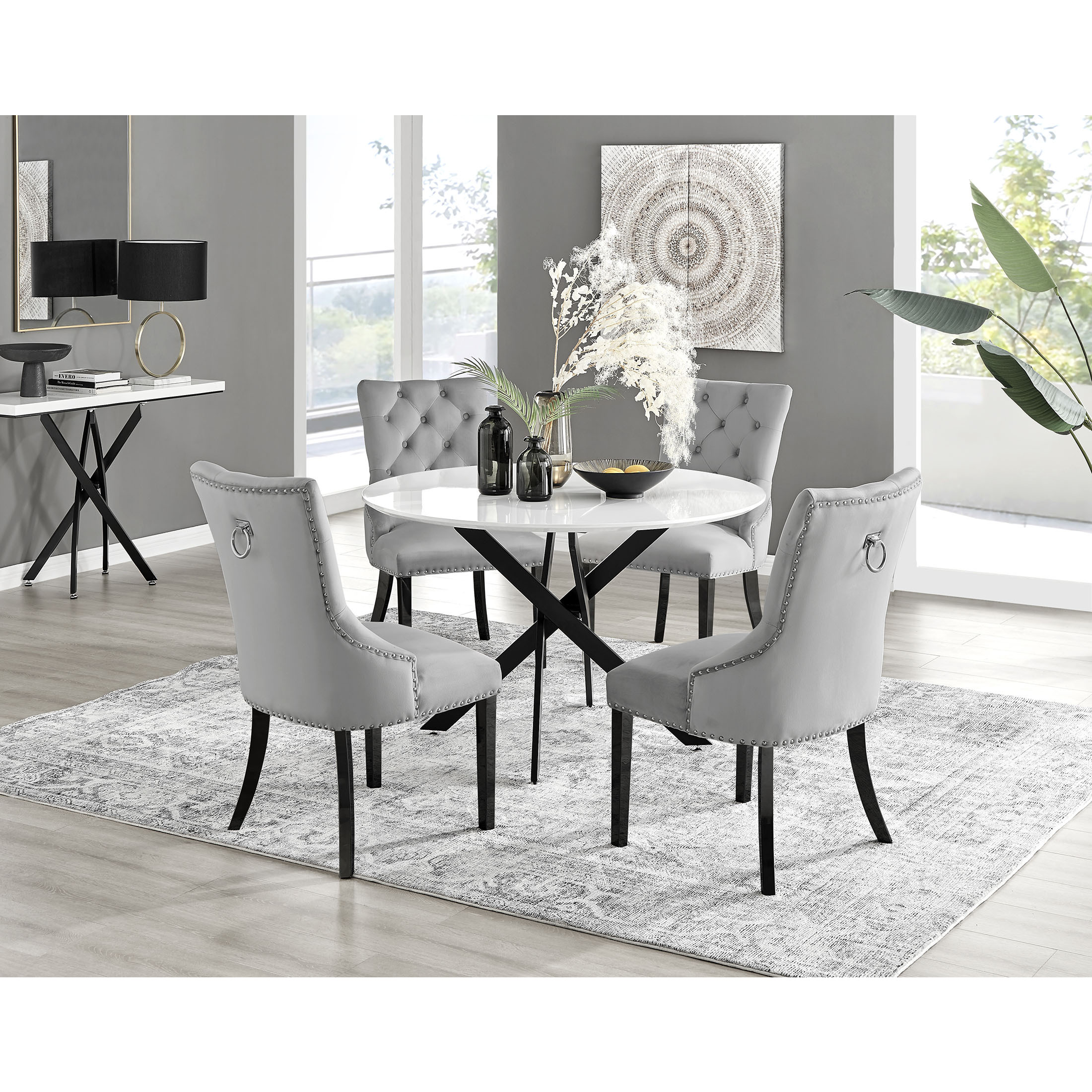 LIRA 120cm White Extending Dining Table and 6 Faux Leather Milan Dining  Chairs