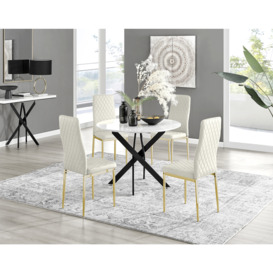 Novara White Gloss Black Leg Round Dining Table & 4 Velvet Milan Gold Leg Chairs
