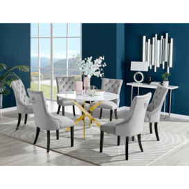 Novara White Gloss Gold Leg 120cm Round Dining Table & 6 Belgravia Black Leg Chairs