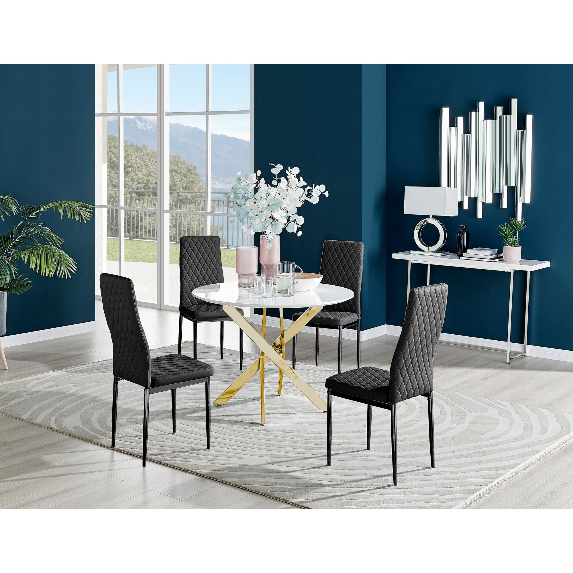 Novara White Gloss Gold Leg Round Dining Table & 4 Milan Black Leg Chairs