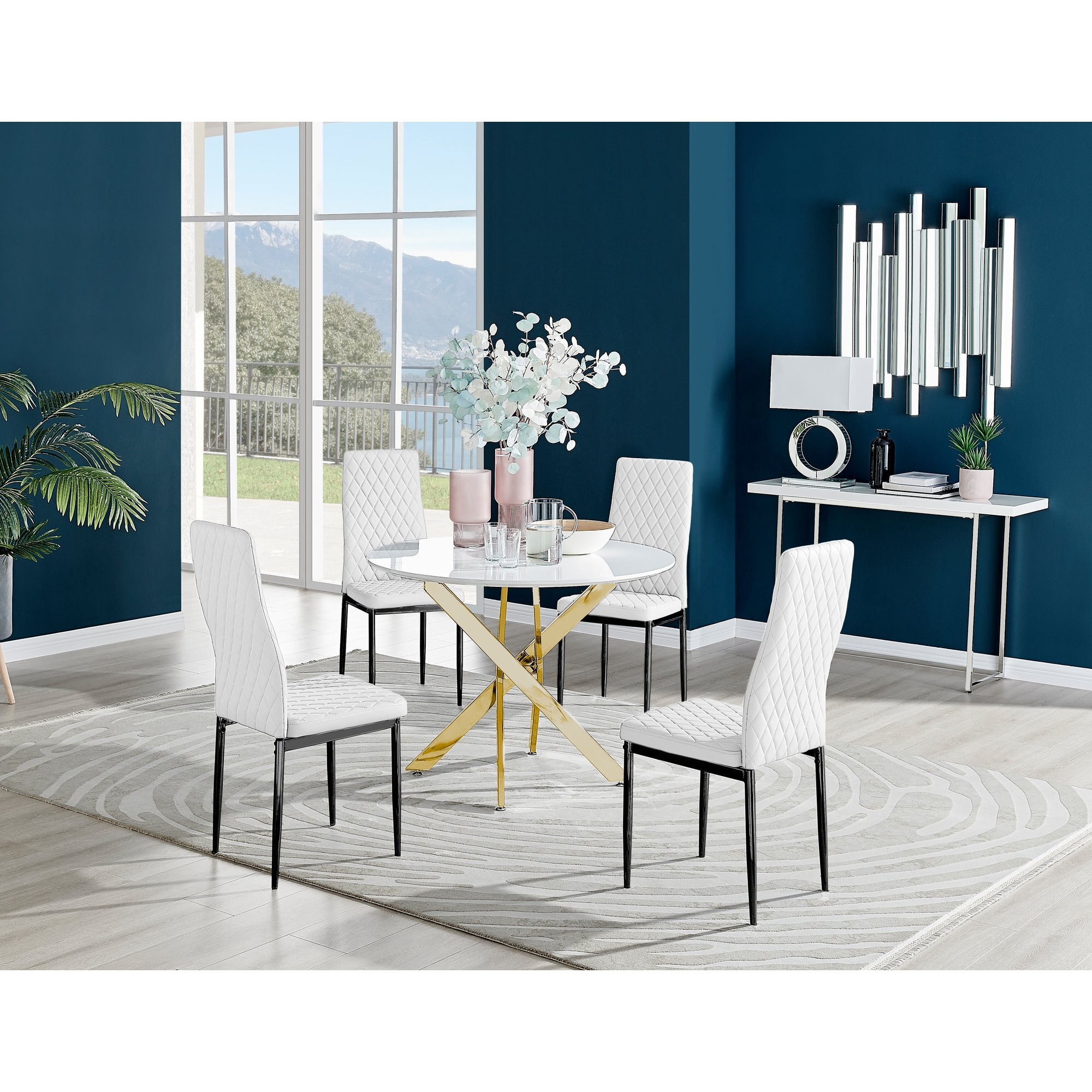 Novara White Gloss Gold Leg Round Dining Table & 4 Milan Black Leg Chairs