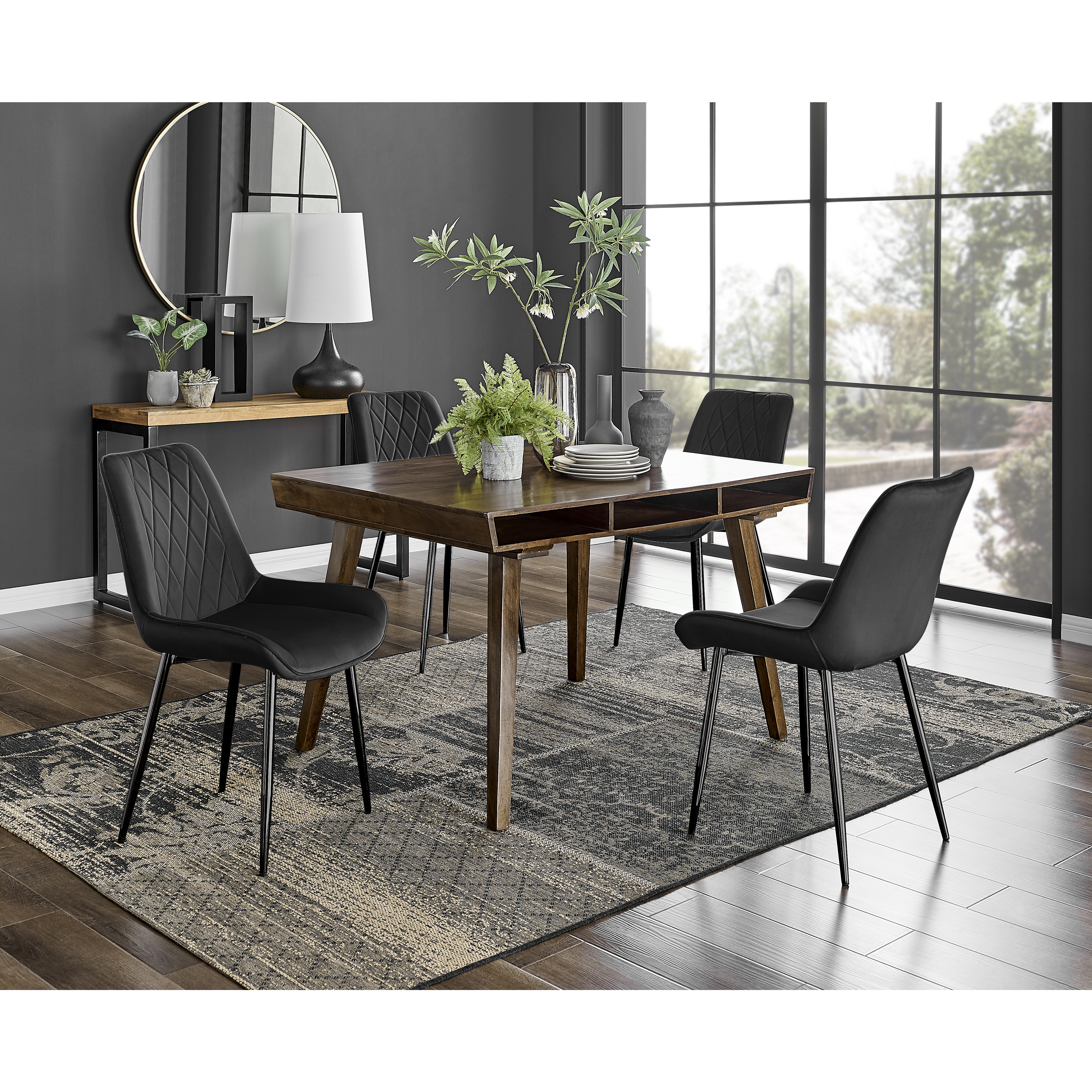 Otto Dark Walnut Solid Wood Dining Table Pesaro Black Leg