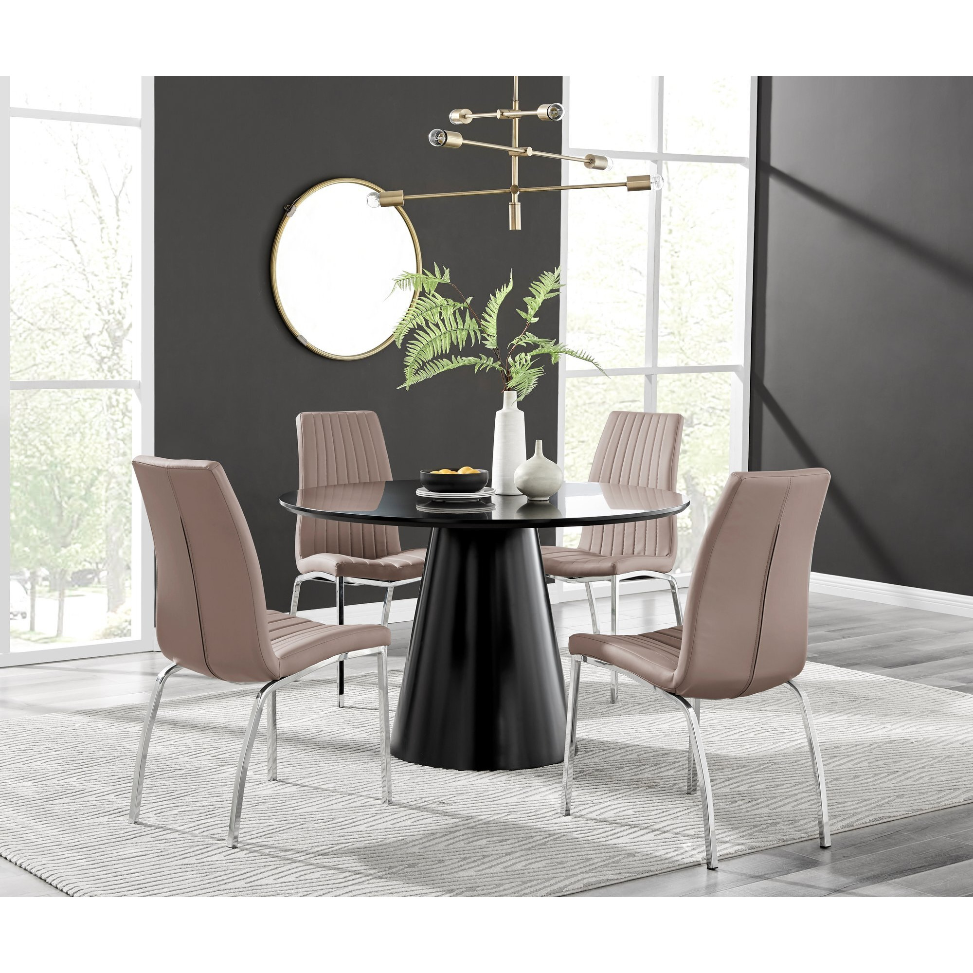 Palma Black Semi Gloss Round Dining Table & 4 Isco Chairs
