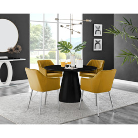 Palma Black Semi Gloss Round Dining Table & 4 Calla Silver Leg Chairs