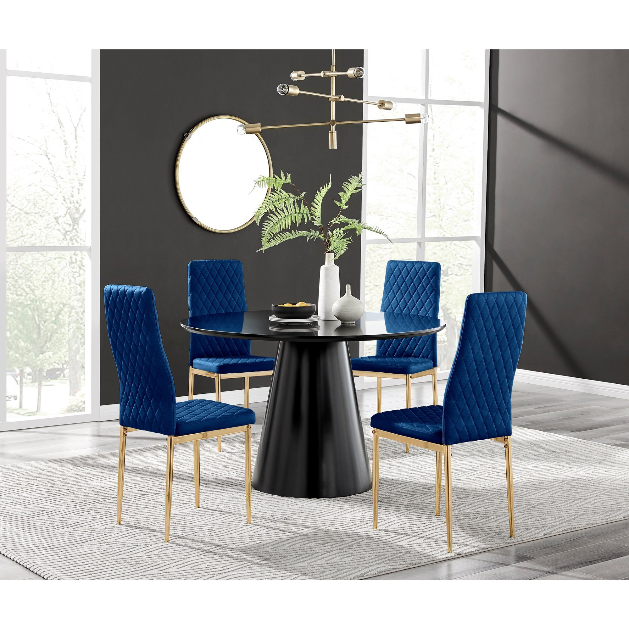 Palma Black High Gloss Round Dining Table & 4 Velvet Milan Gold Leg Chairs