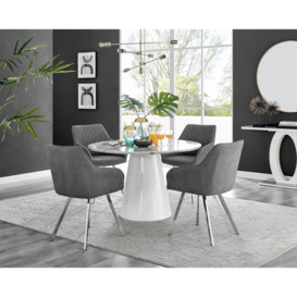 Palma White Marble Effect Round Dining Table & 4 Falun Silver Leg Chairs