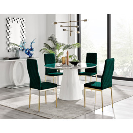 Palma White Marble Effect Round Dining Table & 4 Velvet Milan Gold Leg Chairs