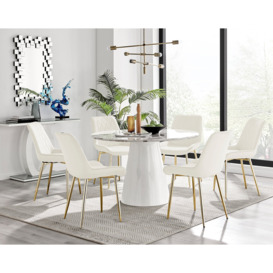 Palma White Marble Effect Round Dining Table & 6 Pesaro Gold Leg Chairs
