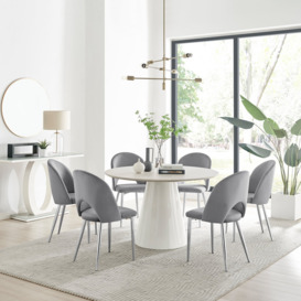 Palma Beige Stone Effect Round Dining Table & 6 Arlon Silver Leg Chairs