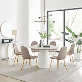 Palma Beige Stone Effect Round Dining Table & 6 Corona Gold Leg Chairs