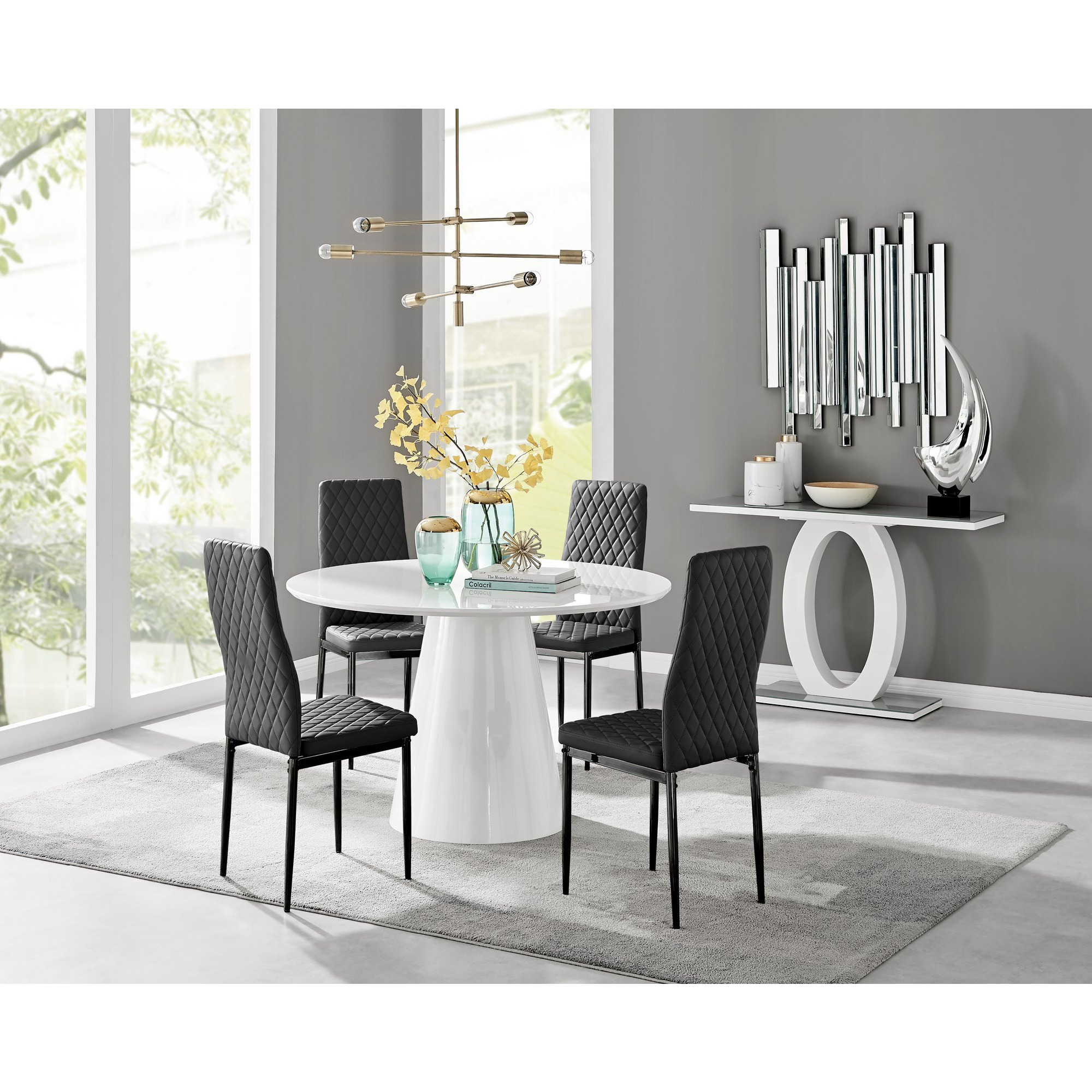 Palma White High Gloss Round Dining Table & 4 Milan Black Leg Chairs