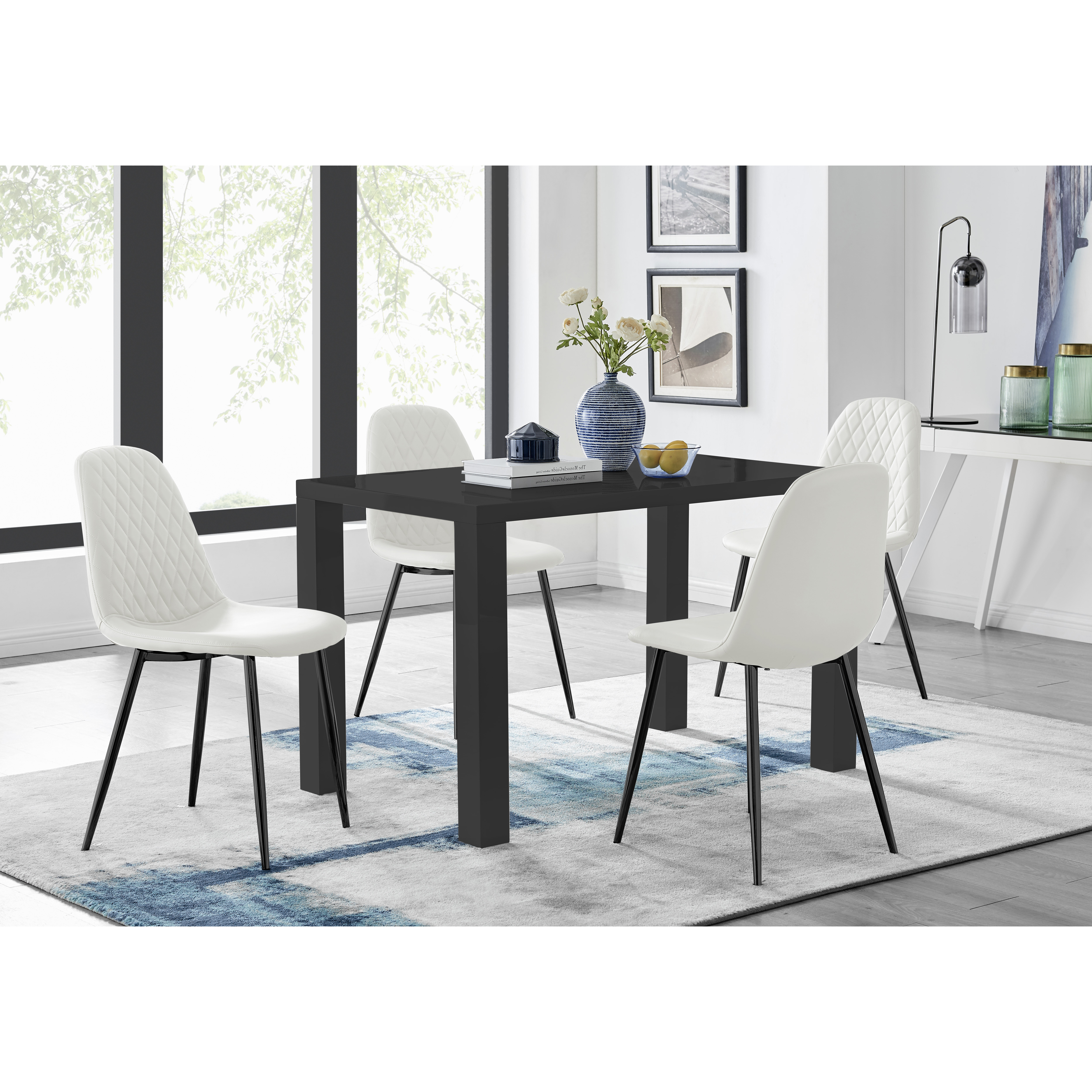 Pivero 4 Black Dining Table and 4 Corona Black Leg Chairs - Furniturebox UK