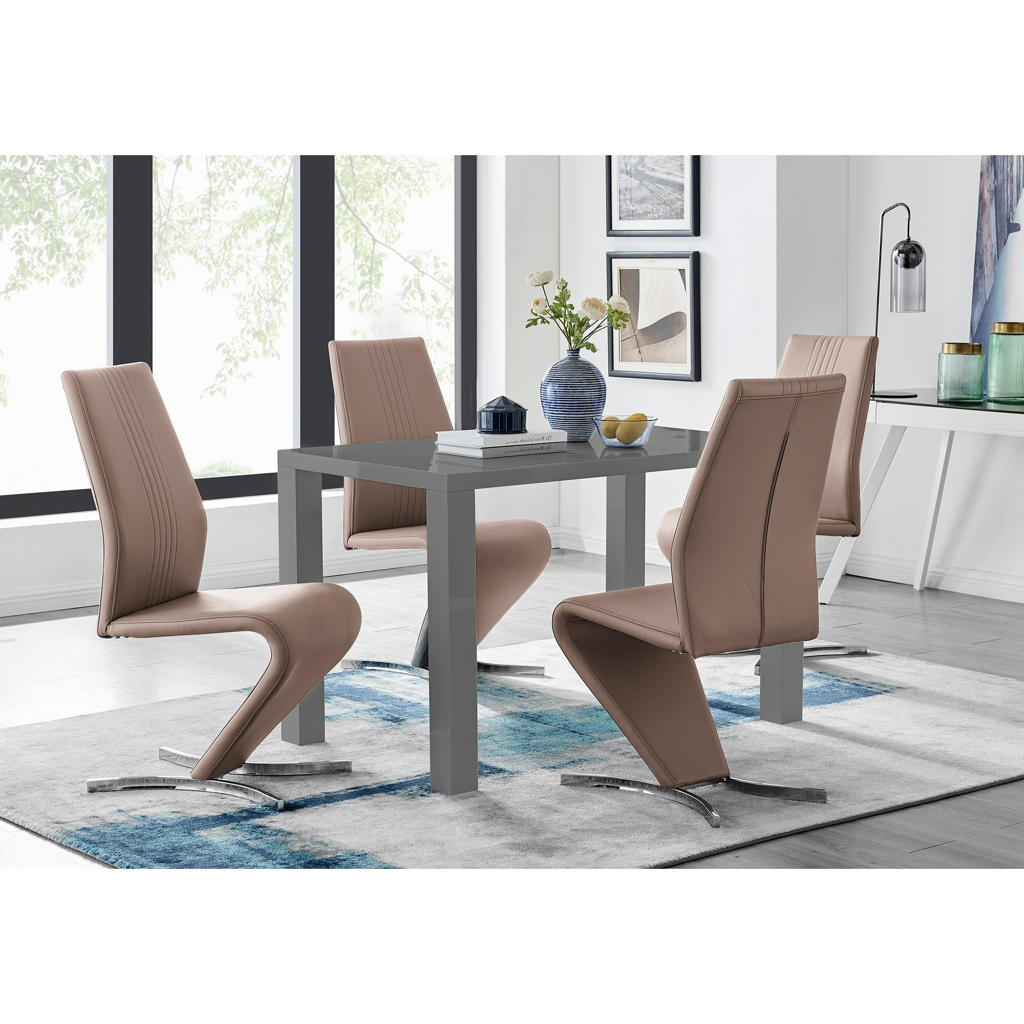 Pivero Grey High Gloss Dining Table and 4 Luxury Willow Chairs Set