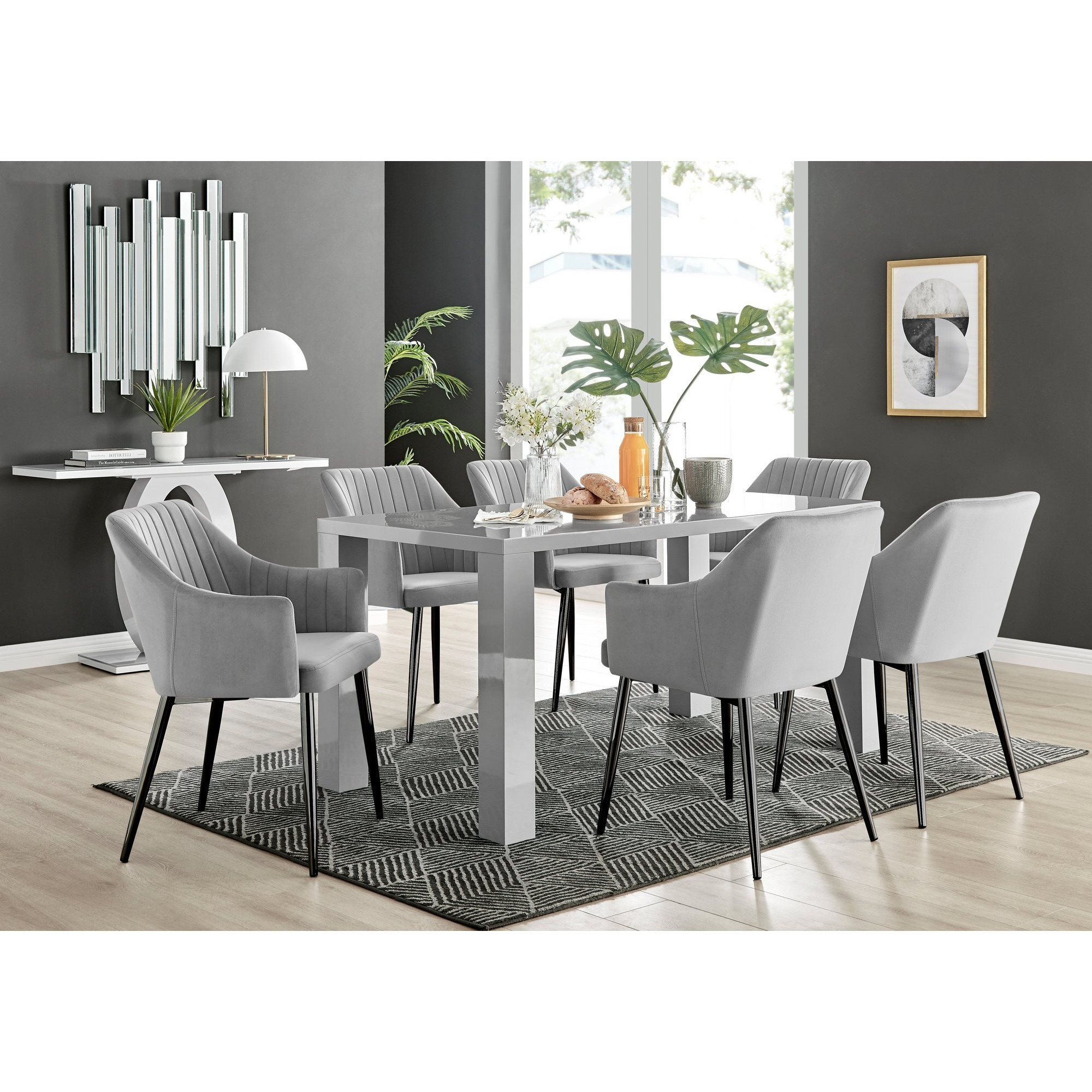 Pivero Grey High Gloss Dining Table & 6 Calla Black Leg Velvet Chairs