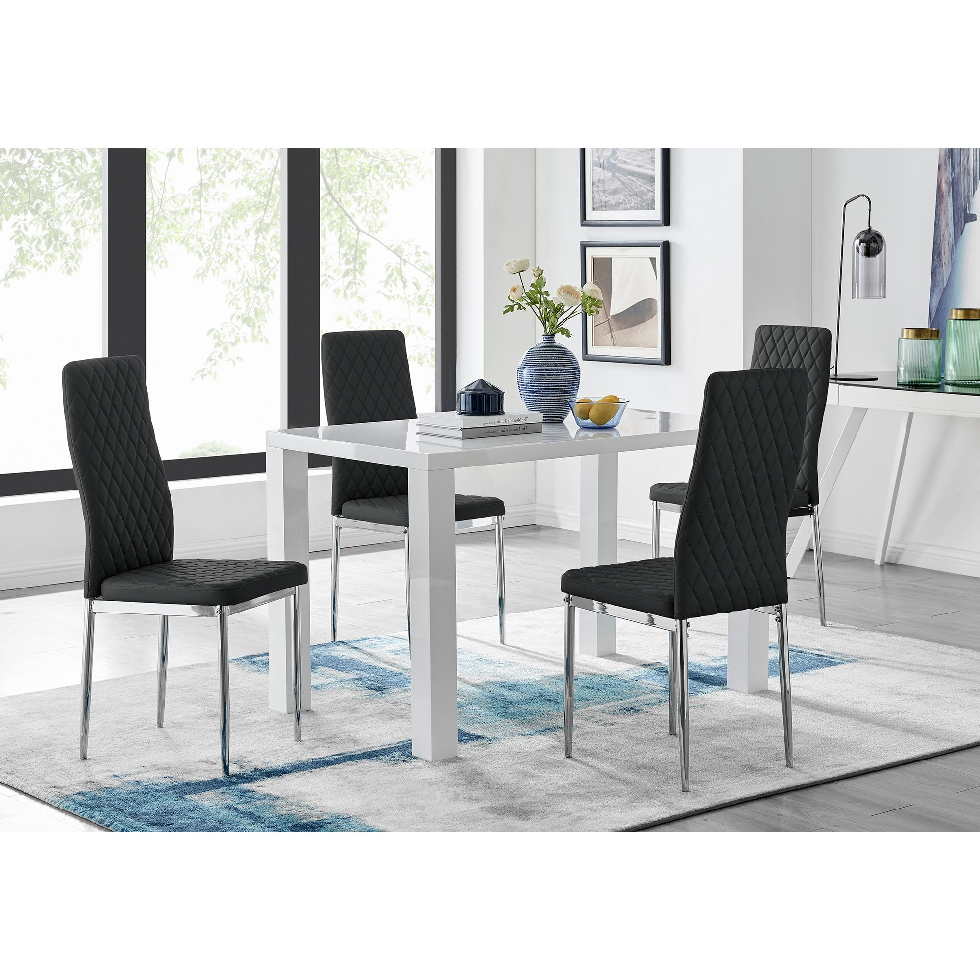 Pivero White High Gloss Dining Table and 4 Milan Chairs Set