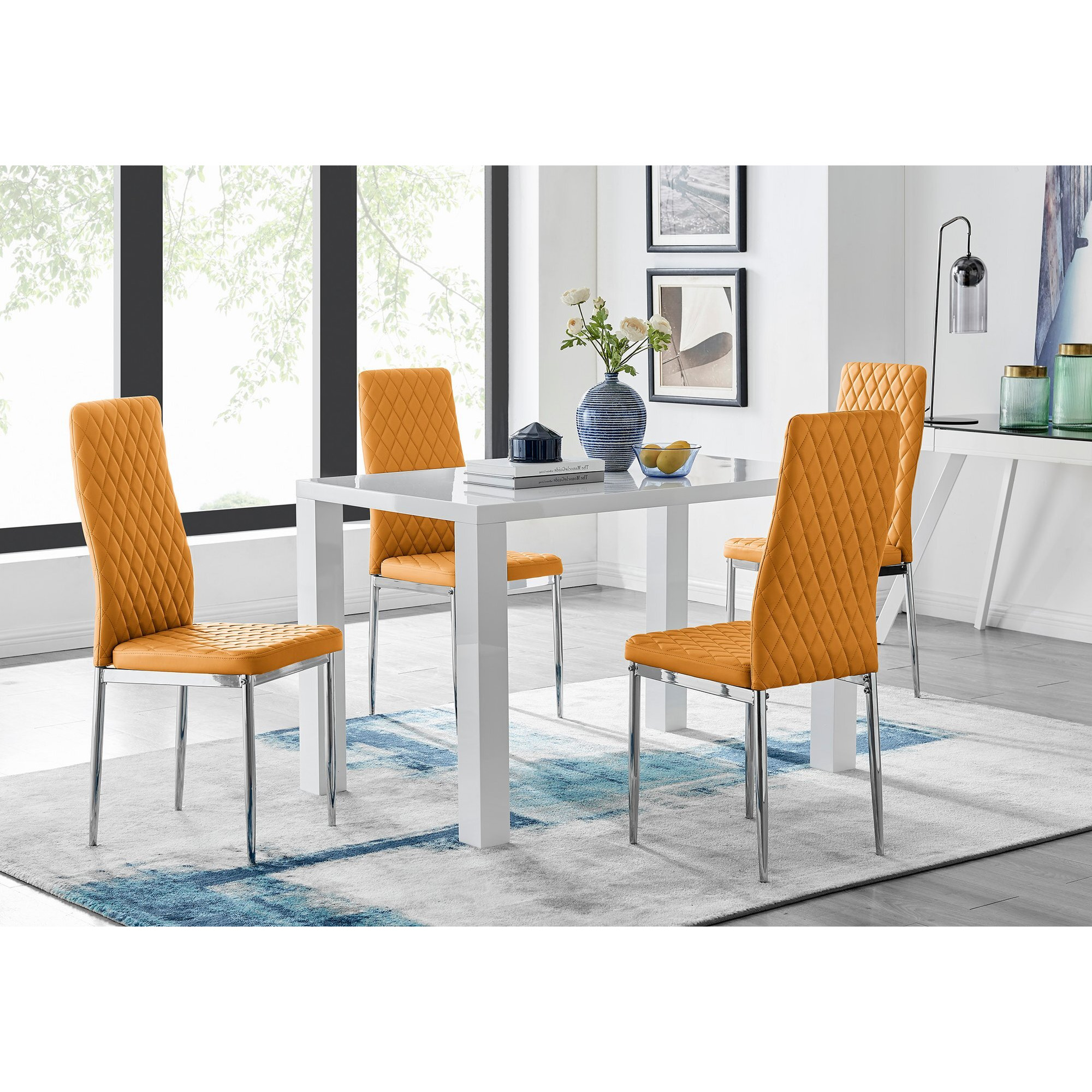 Pivero White High Gloss Dining Table and 4 Milan Chairs Set