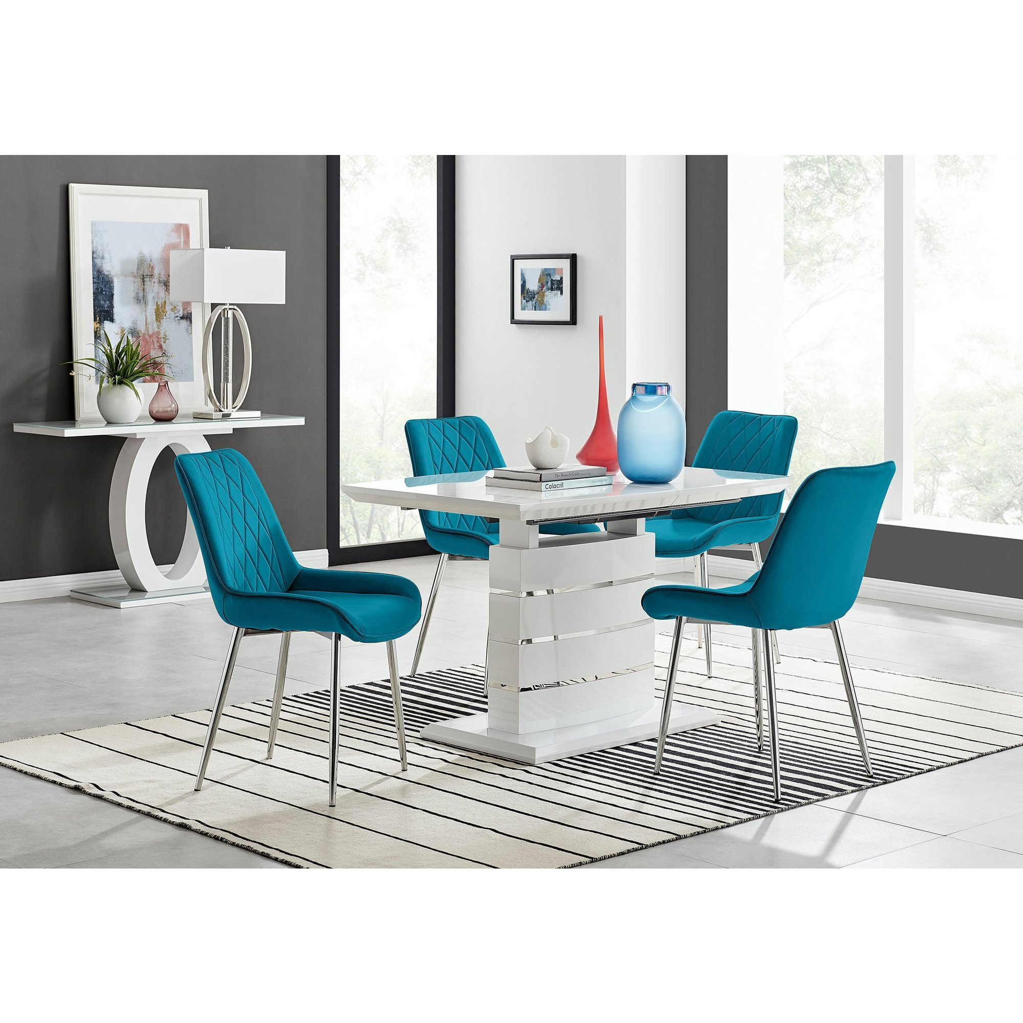 Renato 120cm High Gloss Extending Dining Table and 4 Pesaro Silver Leg Chairs