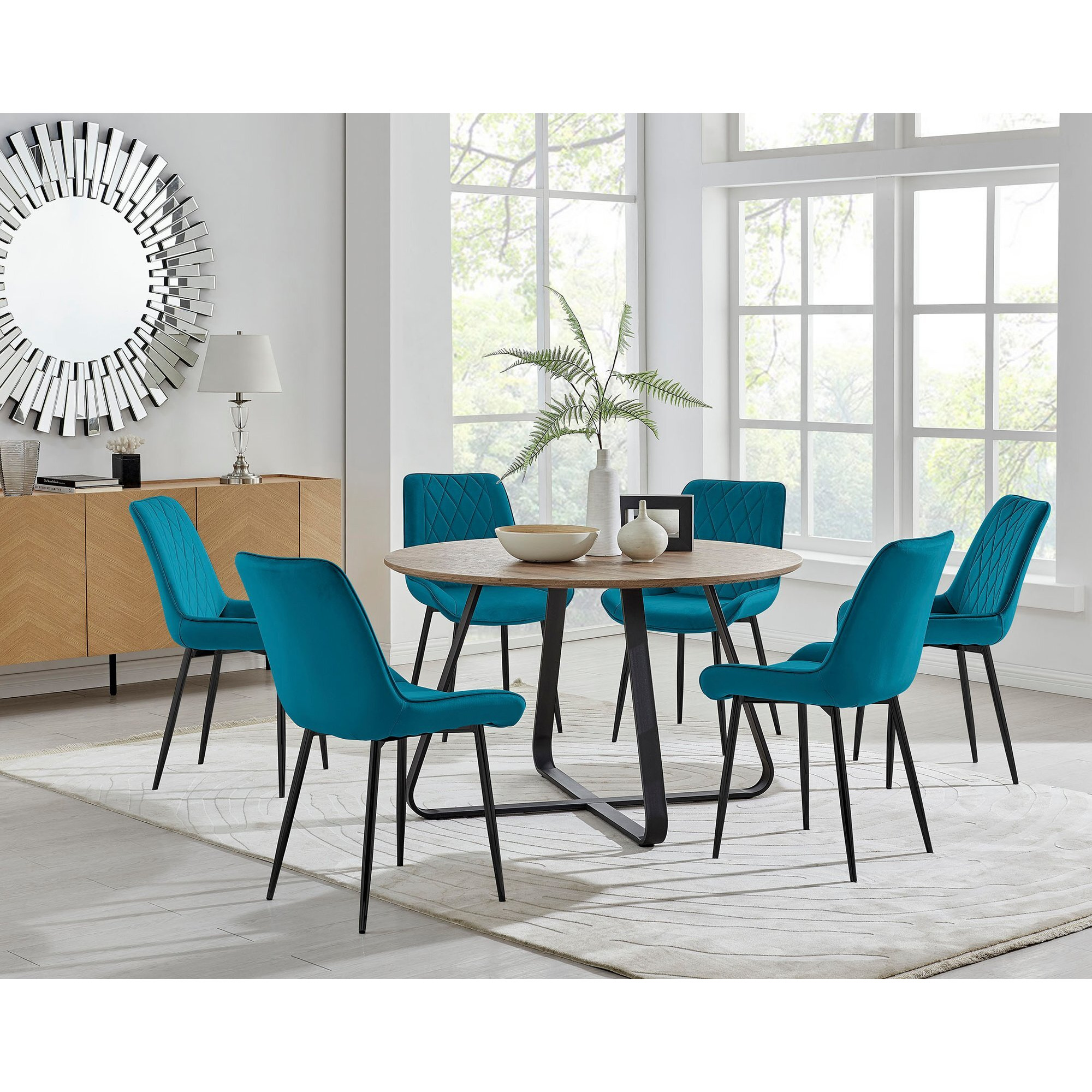 Santorini Brown Round Dining Table And 6 Pesaro Black Leg Chairs