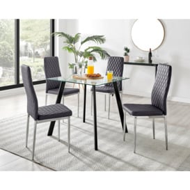 Seattle Glass and Black Leg Square Dining Table & 4 Velvet Milan Chairs