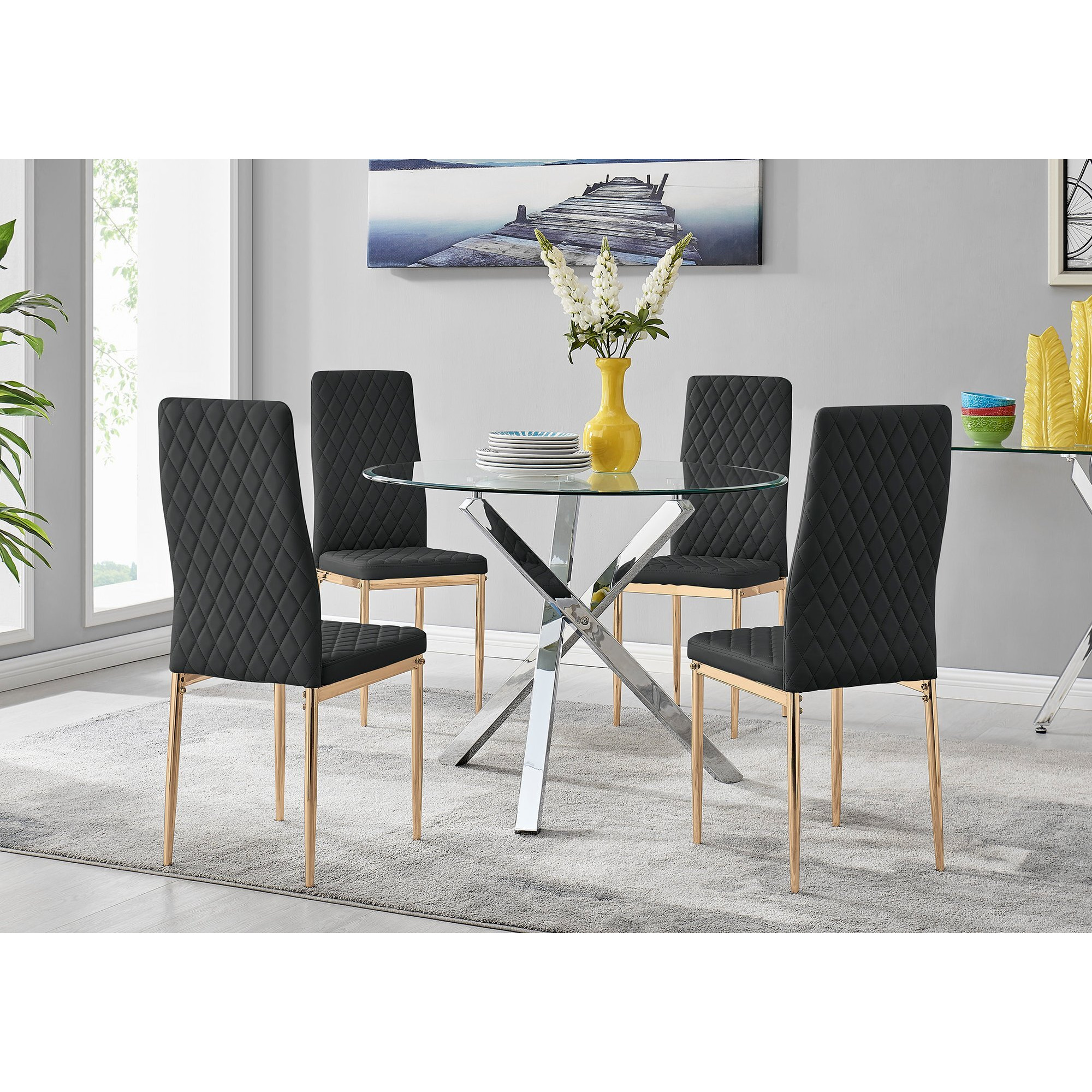 Selina Square Leg Round Dining Table And 4 Gold Leg Milan Chairs