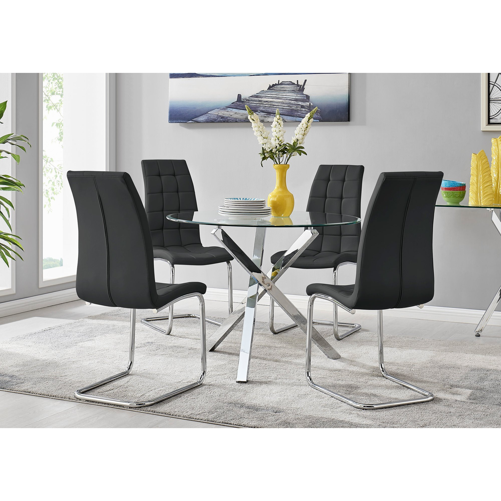 Selina Chrome Round Square Leg Glass Dining Table And 4 Murano Chairs Set