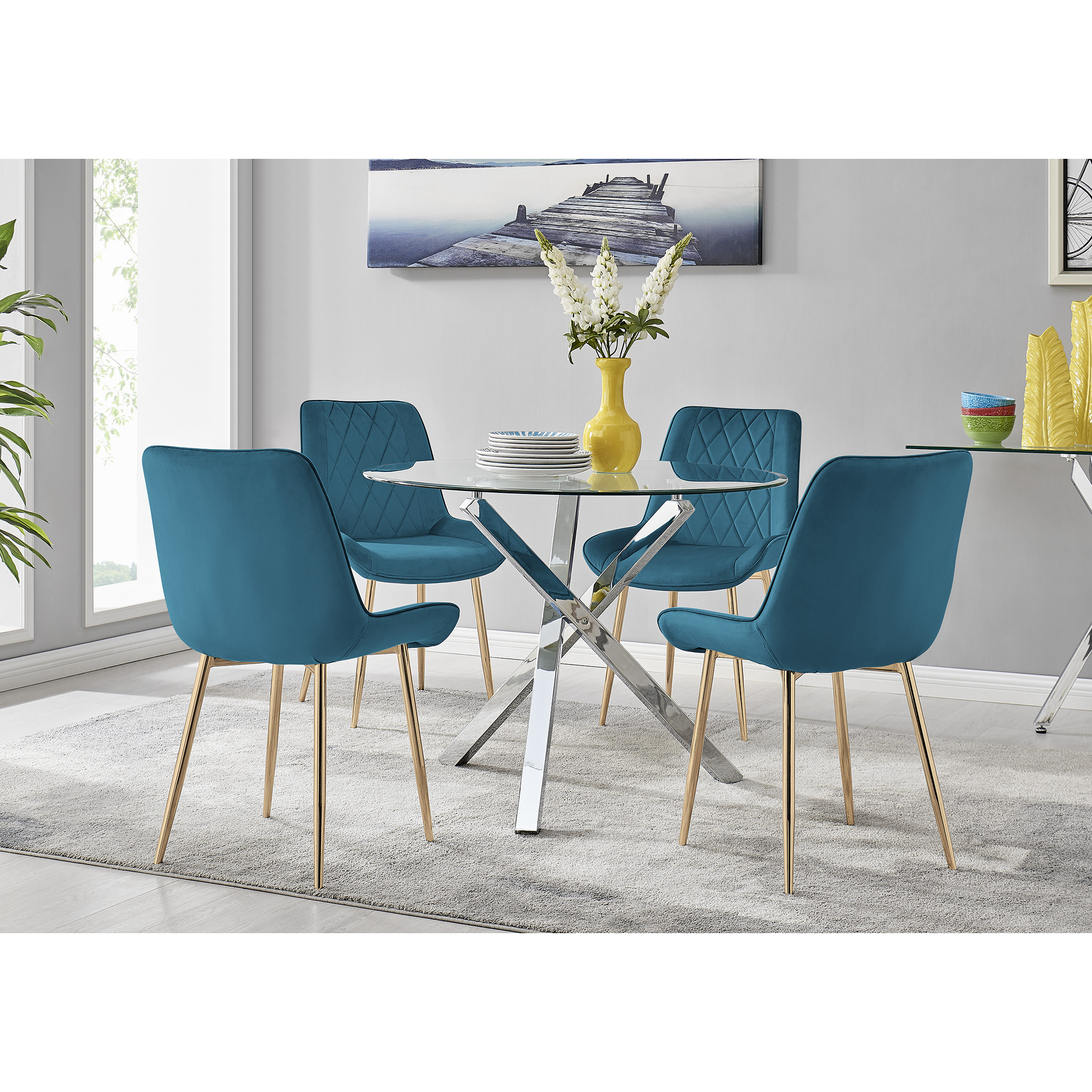 Selina Round Glass Dining Table & 4 Pesaro Gold Chairs - Furniturebox
