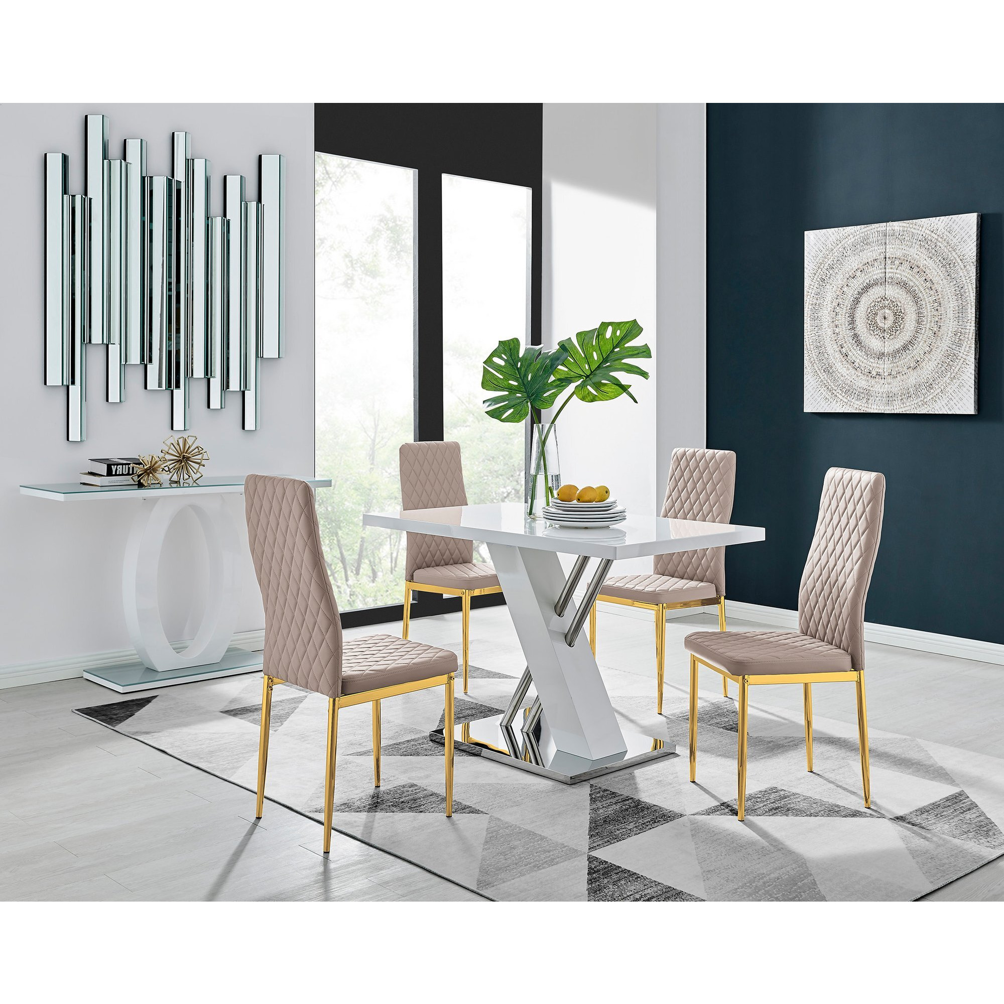 Sorrento 4 White Dining Table and 4 Gold Leg Milan Chairs