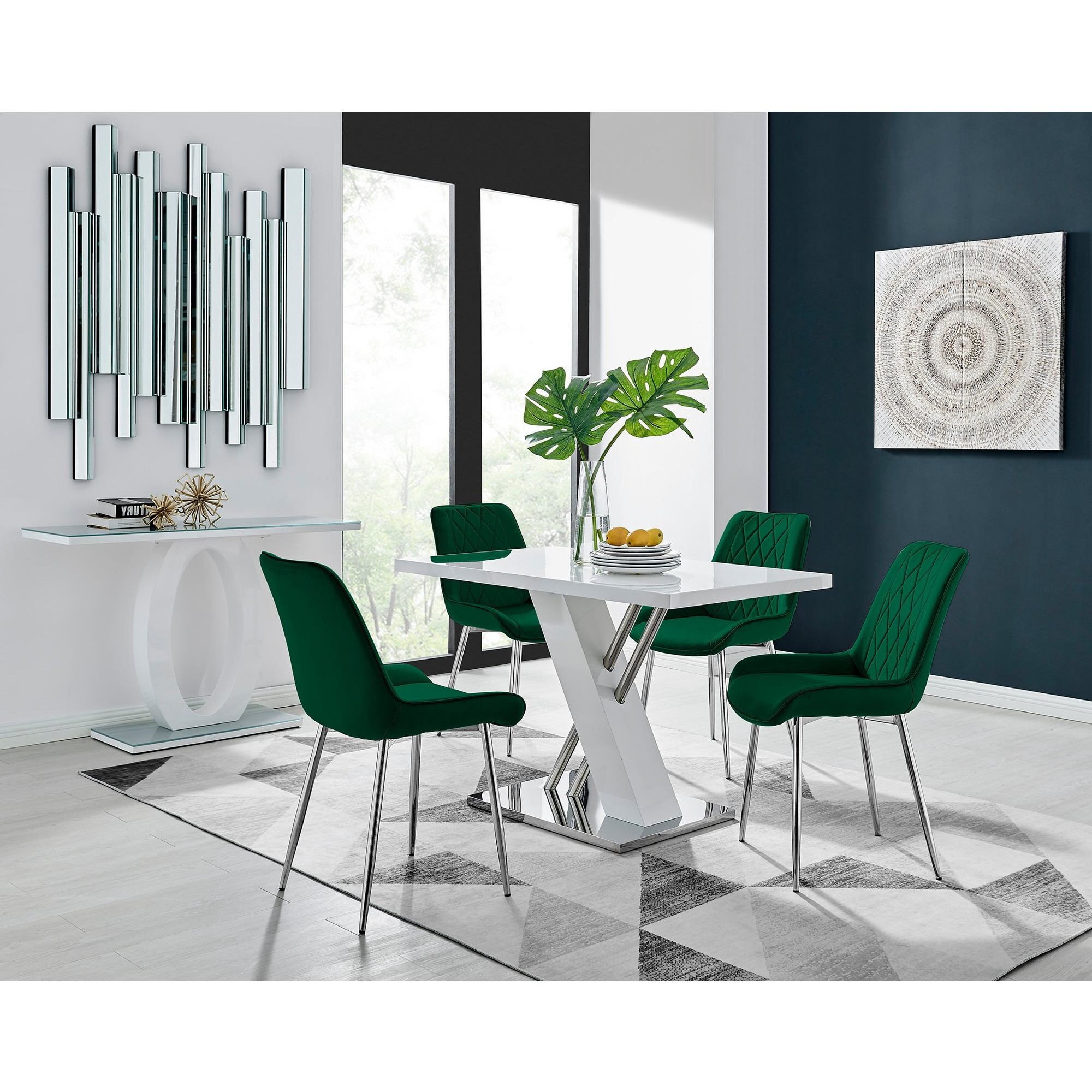 Sorrento 4 White Dining Table and 4 Pesaro Silver Leg Chairs