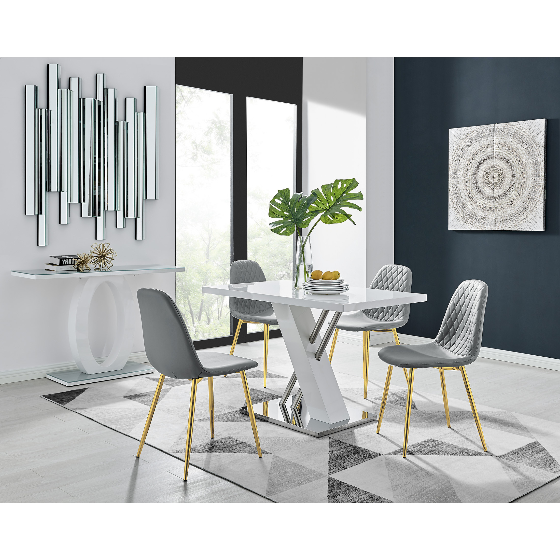 Sorrento White Gloss Dining Table & 4 Gold Leg Chairs - Furniturebox