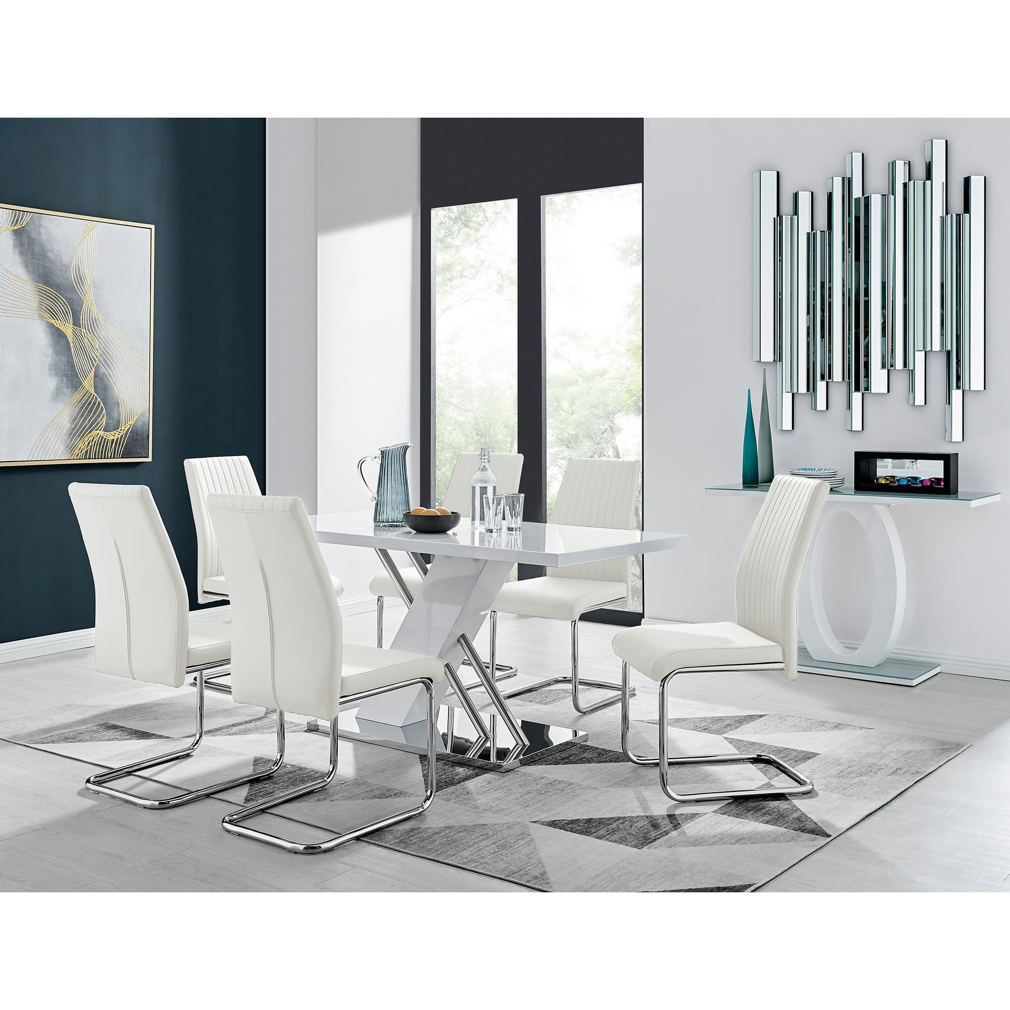 Sorrento White High Gloss And Chrome Dining Table And 6 Lorenzo Dining Chairs