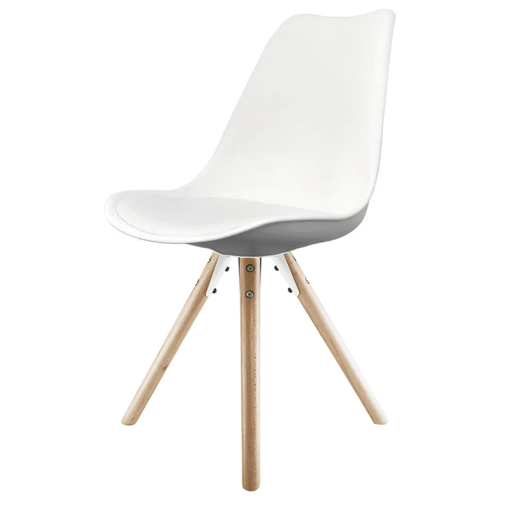"Fusion Living Soho White Plastic Dining Chair with Pyramid Light Wood Legs "