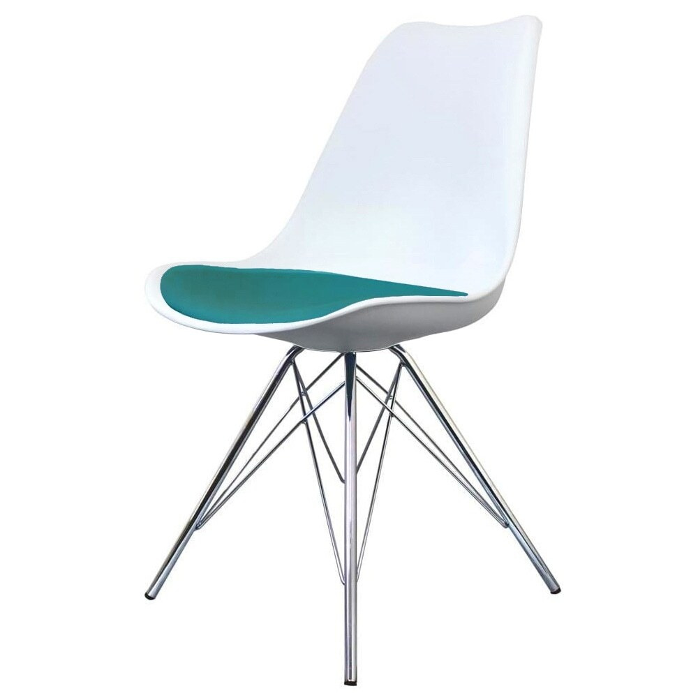 "Fusion Living Soho White and Teal Dining Chair with Chrome Metal Legs "