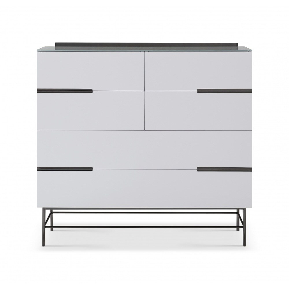 Gillmore Sleek - Contemporary Six Drawer Wide Chest In White With Black Chrome Frame And Accents Frame/Handle Colour: Black Chrome, Unit Colour: White
