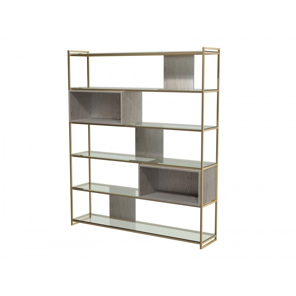Gillmore Luxe - High Bookcase In Weathered Oak With Brushed Brass Frame Metal Frame Finish: Brushed Brass, Unit Colour: Weathered Oak