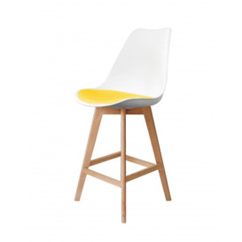 Fusion Living Soho White and Yellow Plastic Bar Stool with Light Wood Legs