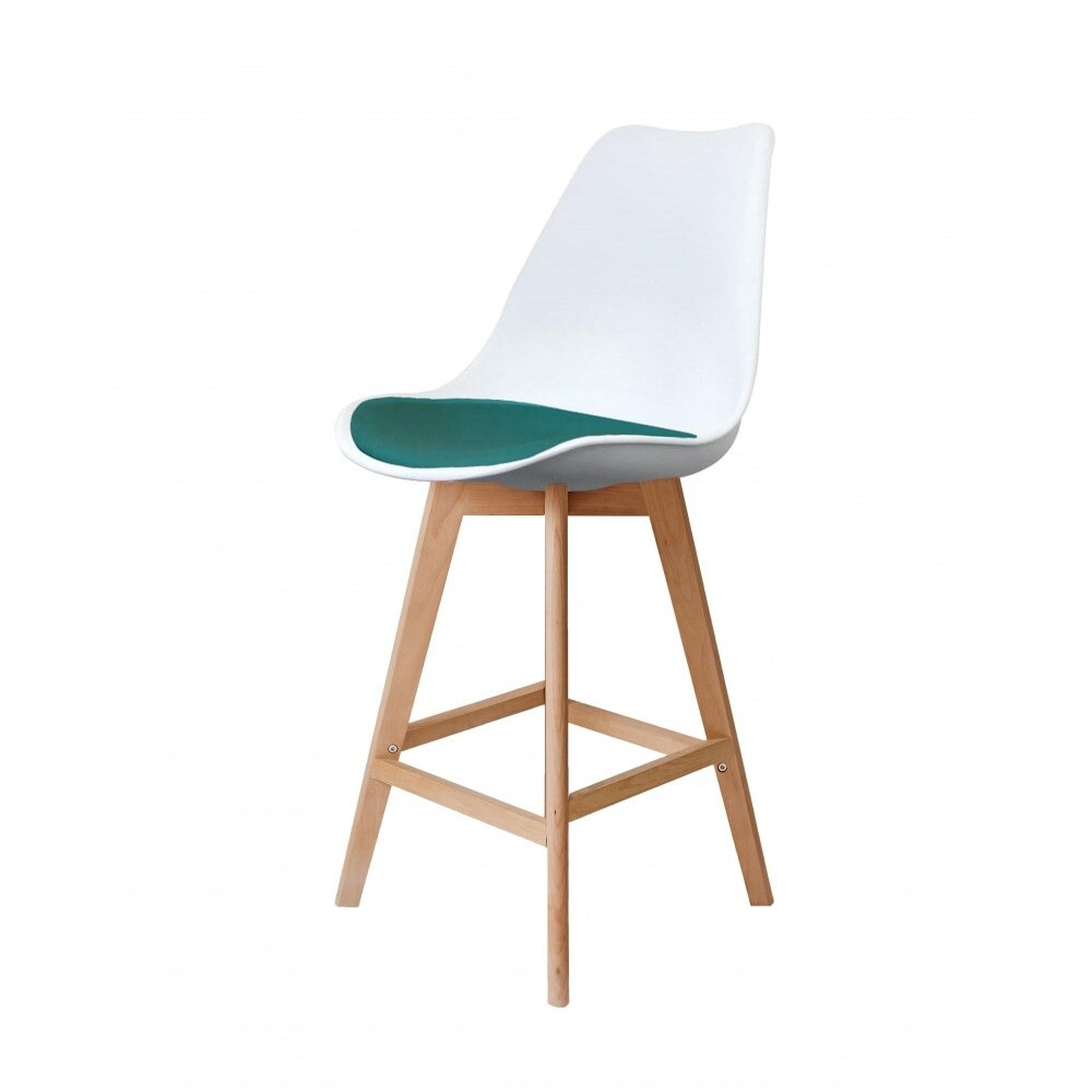 Fusion Living Soho White and Teal Plastic Bar Stool with Light Wood Legs