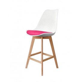 Fusion Living Soho White and Bright Pink Plastic Bar Stool with Light Wood Legs